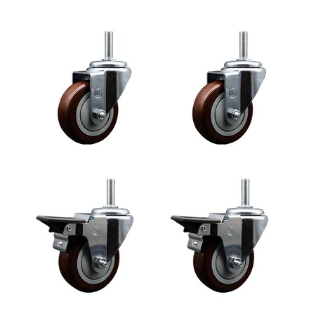 Service Caster 35 Inch Maroon Polyurethane Wheel Swivel 34 Inch Threaded Stem Caster Set 2 Brakes SCC SCC-TS20S3514-PPUB-MRN-34212-2-PLB-2